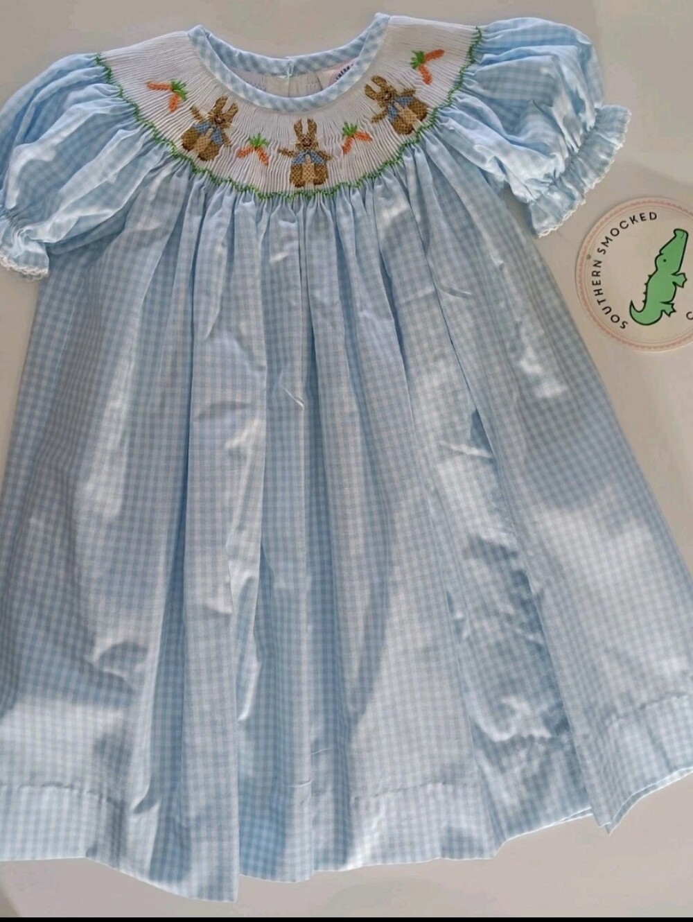 Smocked Bunny Gingham Dress in Light Blue